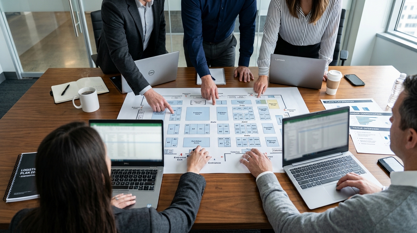 CannaGroup 180 operations team reviewing an event venue floor plan